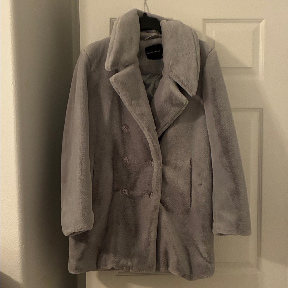 Gray faux fur coat.  Double breasted. Fully lined